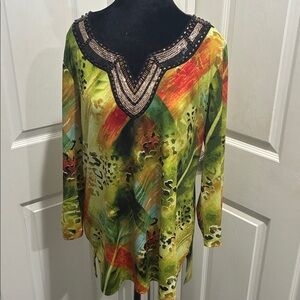 JM Collection Multicolor Tunic with Beaded Neckline